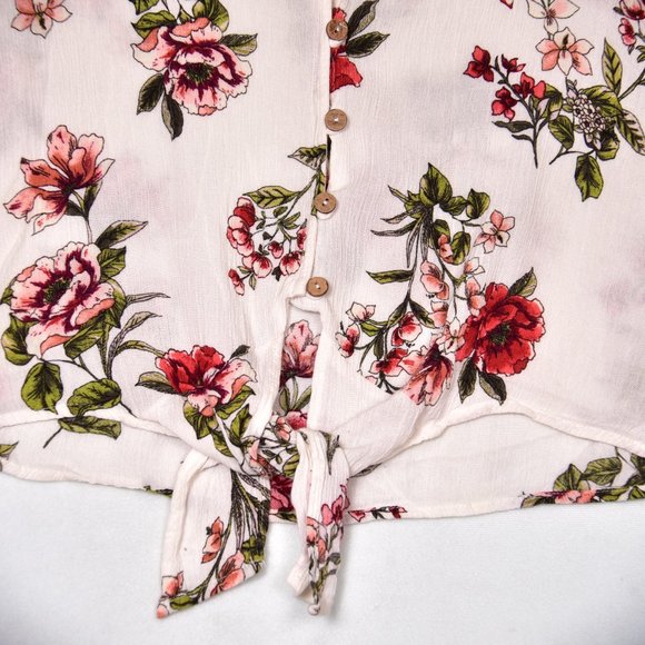 M Fasis Women's Top S Ivory Floral Button Tie Front Short Sleeve Boho Peasant - Picture 3 of 5